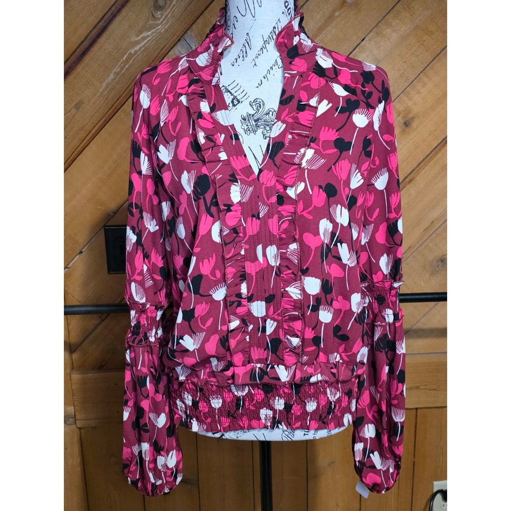 Magenta Floral Ruffle V-Neck Blouse Smocked Waist Long Sleeve Top Women‎